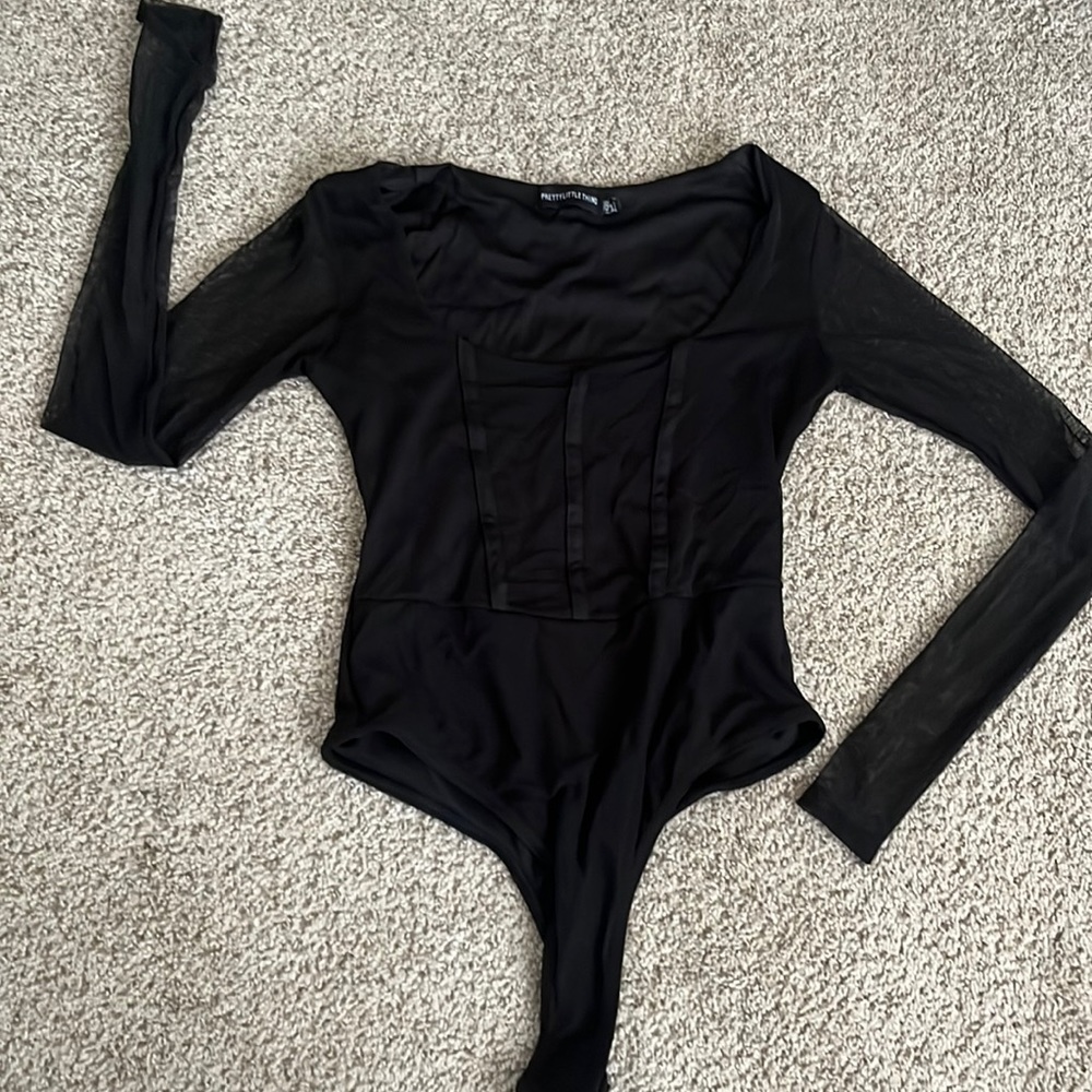 PrettyLittleThing Black Mesh Sleeves Bodysuit